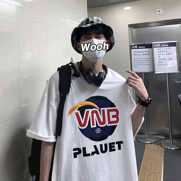 

designer men's t-shirt cotton summer printed short korean version loose fashion handsome ins men's half sleeved t-shirt, White;black