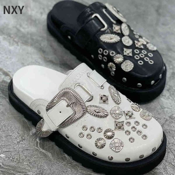 

sandals summer black flip flops for women slippers platform rivets punk rock leather mules creative metal fittings casual party woman shoes
