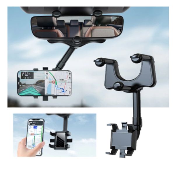 Supporto per telefono per specchietto retrovisore a 360 ° per supporto per cellulare e GPS per auto Supporti per telefoni per auto telescopici regolabili rotanti universali