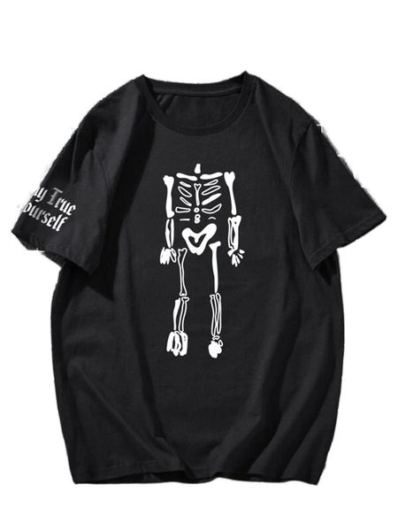 

men skeleton & letter graphic tee s7hx#, White;black