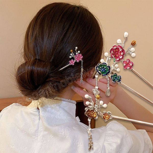 

retro flower tassel hairpin hanfu metal hair stick ancient style hair ornament girl headdress bride jewelry wedding accessories, Golden;silver