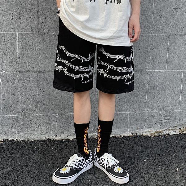 

harajuku men shorts streetwear iron chain pattern jogger shorts women men summer loose elastic waist hip hop skateboard shorts 220407, White;black