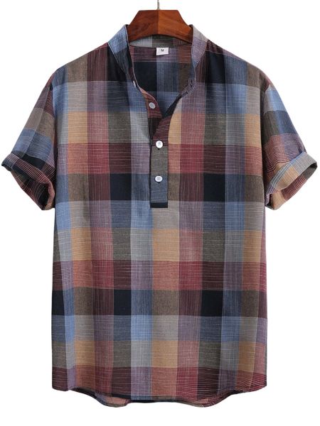 

men plaid half button shirt l7m2#, White;black