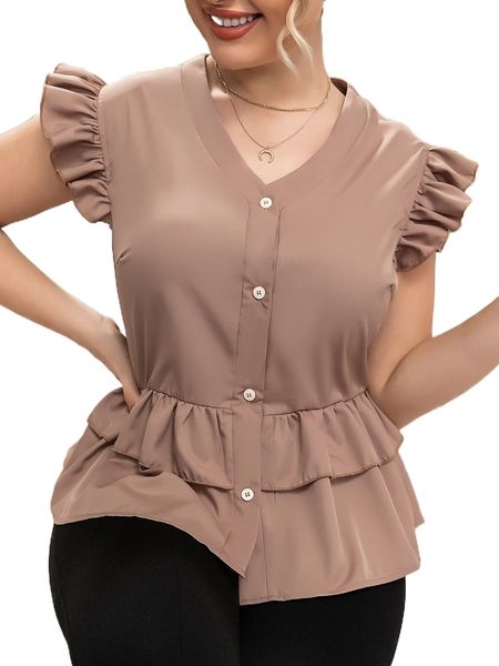 

plus ruffle trim button through peplum blouse a66j#, Black