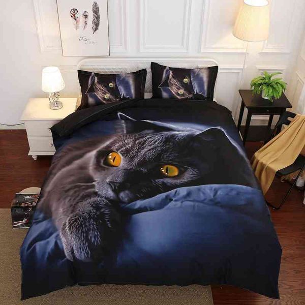Bettwäsche-Set mit schwarzer Katze, King-Size-Bett, 3D-Stil, niedliches dunkelblaues Haustier, Kätzchen, Schlafzimmer-Dekoration, Bettbezug für Kinder, Teenager, Erwachsene mit Kissenbezug