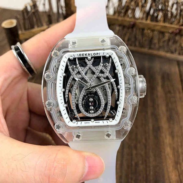 

uxury watch date crystal transparent hollow out personalized creative full-automatic mechanical watch fashion leisure large dial wine barrel, Slivery;brown