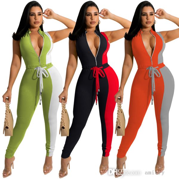 Frauen Enge Hosen Sexy V-ausschnitt Zwei Farben Passenden Mode Lässig Reißverschluss Overall Kordelzug Strampler S-XL