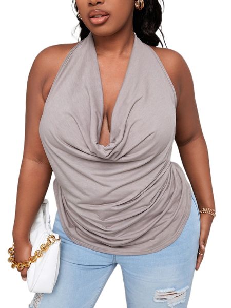 

sxy plus cowl neck tie backless halter 765i#, Black