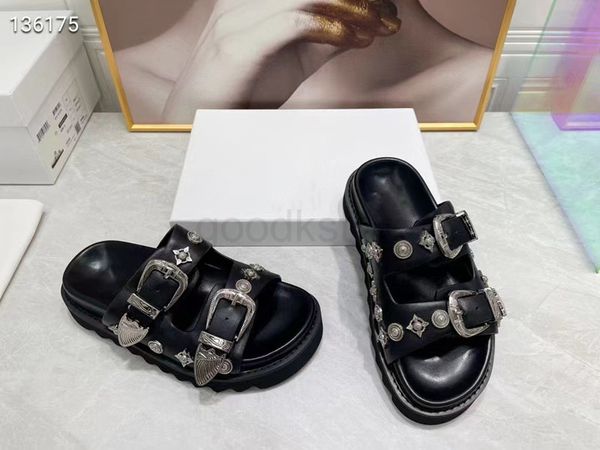 

the latest popular slippers in spring and summer all sheepskin horizontal belt rivet large buckle sandals, Black