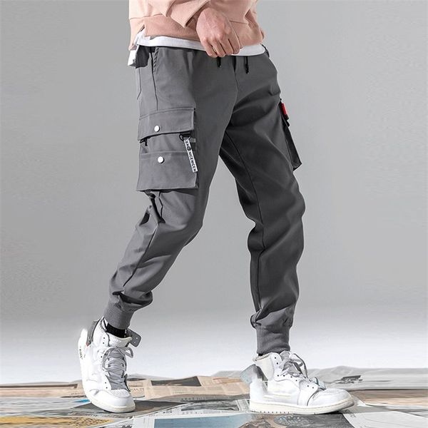 

men casual joggers cargo trousers tactical pants men solid multipocket sportswear hip hop summer plus size mens clothing 220704, Black