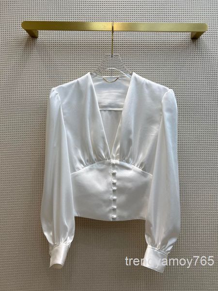 

women's blouses & shirts deep v-neck long sleeve shirt french simple waist closing short solid color spring and summer women's hig, White