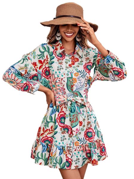 

floral print belted shirt dress 91wj#, Black;gray