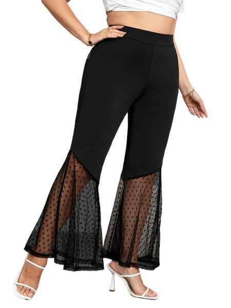 

plus contrast polka dot mesh flare leg pants a1os#, Black