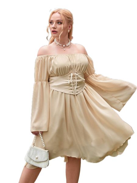 

plus off shoulder ruched bust chiffon dress & corset belt p6u0#, Black