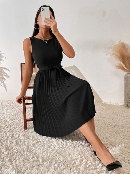 

pleated hem belted dress w5cg#, Black;gray