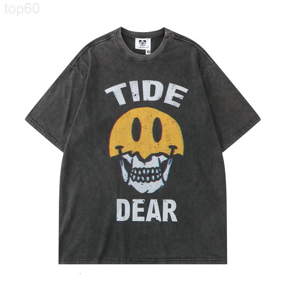

men's t-shirts designer american fashion brand casual short sleeve t-shirt washing water 220g cotton used printing smiling face loose t, White;black