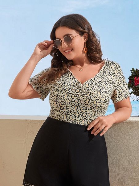 

plus ditsy floral print lettuce trim 22te#, Black