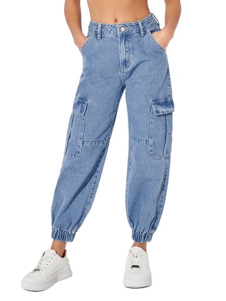 

petite flap pocket side cargo jeans l6tt#, Blue