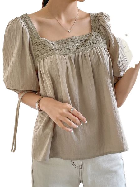 

dazy contrast lace square neck puff sleeve blouse f62v#, White