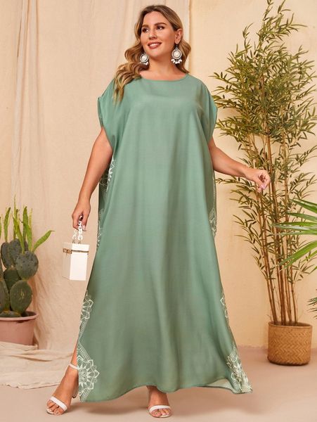 

plus floral print batwing sleeve split maxi dress 10fh#, Black