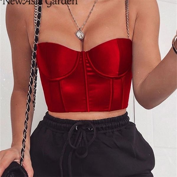

asia summer crop women bustier blackless chain strap padded ped casual satin black s clothes 220325, White