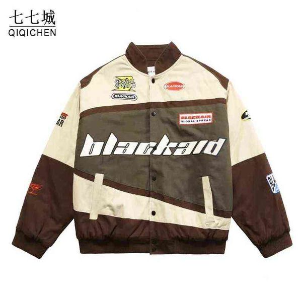 

mens racing baseball jackets letter embroidery street oversized cotton patchwork jacket women hiphop harajuku retro coat outwear t220816, Black;brown