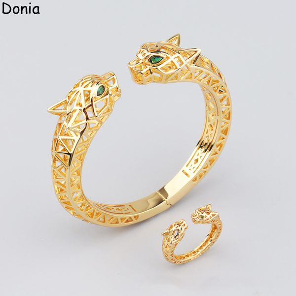 Donia-Schmuck-Luxus-Armreif, europäische und amerikanische Mode, übertriebener, hohler, doppelköpfiger Leoparden-Mikro-Set, grüner Perlmutterfalter-Designer-Ring-Set