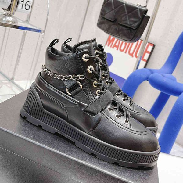 

boots layer cowhide small fragrant wool short boots thick bottom color matching metal chain martin, Black