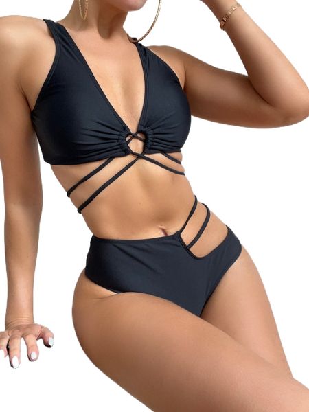 

c.ut o.ut l.ace u.p h.igh waisted b.ikini swimsuit i34h#, White;black