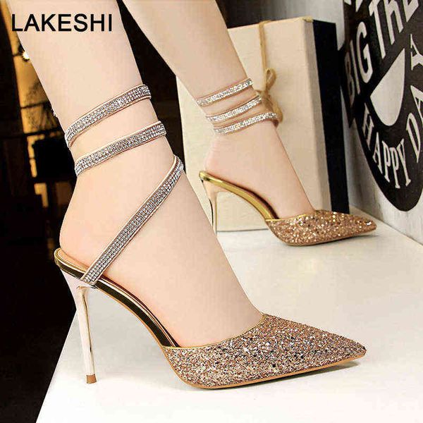 Spring New Women Scarpe Fashion High Heel Sexy Sandals Roman in stile Roman Bling Gold Wedding Shoe Stiletto220513