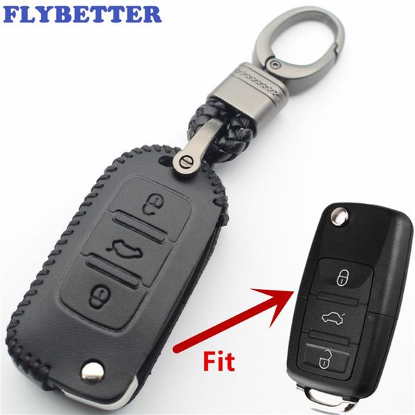 

flybetter genuine leather 3button folding key fob protector case cover for vw jetta/mk6/tiguan/golf 4 5 6/polo/bora/passat l425283y