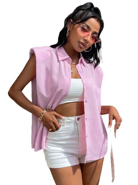 

shoulder pads sleeveless solid shirt 09yb#, White