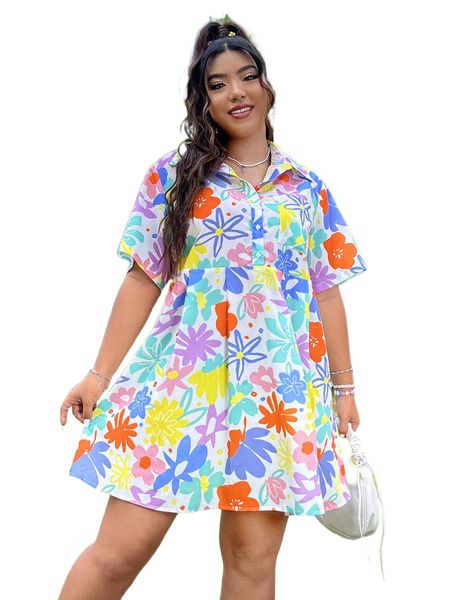 

plus floral print smock dress x7gb#, Black