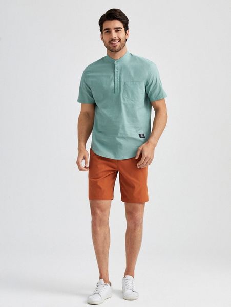 

men patched detail half button placket & shorts set t93p#, Gray