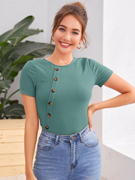 

button detail rib-knit slim tee e8p6#, White