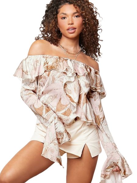 

allover print ruffle trim bardot blouse t9sg#, White