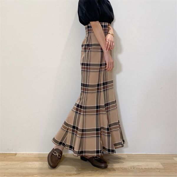 

elegant bodycon trumpet long faldas mujer autumn casual all match skirt women japanese vintage high waist plaid woman skirts 220317, Black
