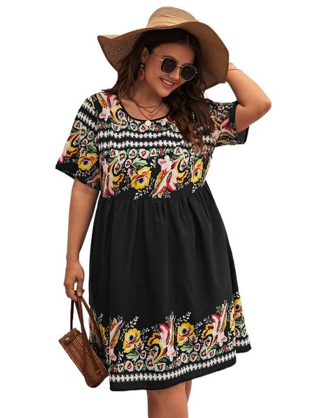 

plus floral print smock dress l8em#, Black