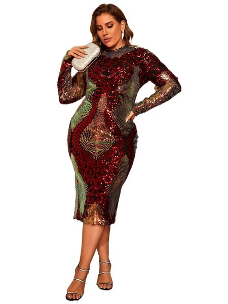 

plus plant pattern slit back sequin bodycon dress e4u1#, Black