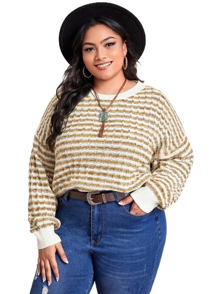 

plus drop shoulder striped sweater s2jg#, Black