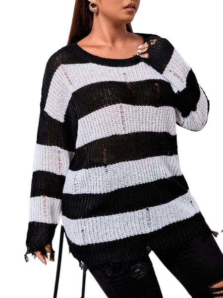 

plus color block drop shoulder ripped distressed sweater q8xw#, Black