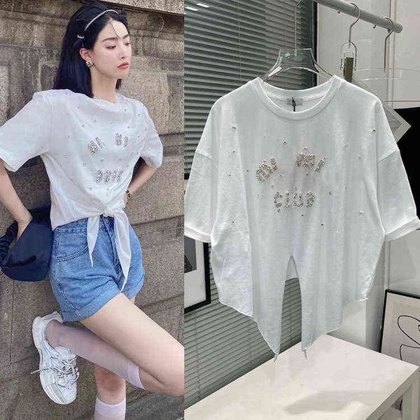 

spring and summer heavy industry diamond embroidered t-shirt all cotton thin split lace up short sleeved women, White