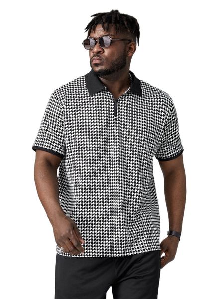 

extended sizes men houndstooth print polo shirt x90g#, White;black
