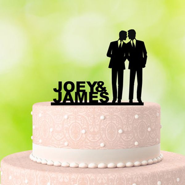 Decorazione di nozze personalizzata Silhouette Coppia Nome personalizzato Gay Acrilico Cake Topper glitter oro argento 220618