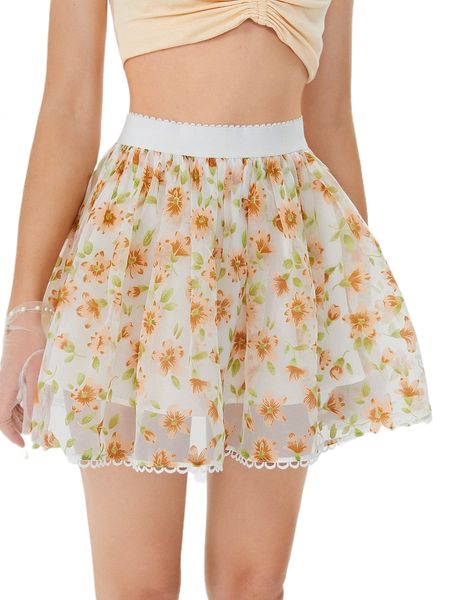 

mod floral print lace trim organza skirt o3y5#, Black