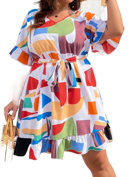 

plus flounce sleeve belted ruffle hem dress b6c7#, Black