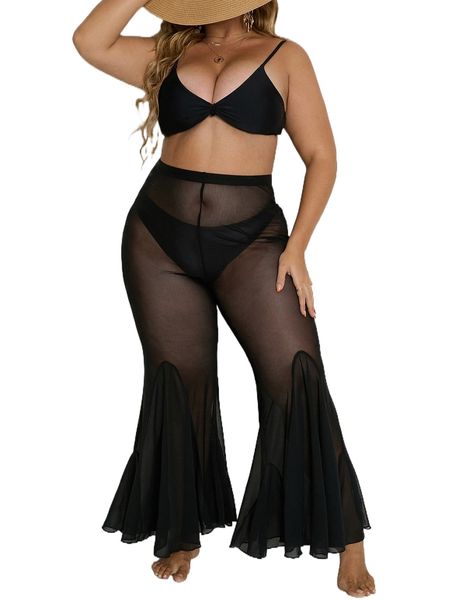 

plus ruffle hem flare leg cover up pants without bikini h9jn#, Black