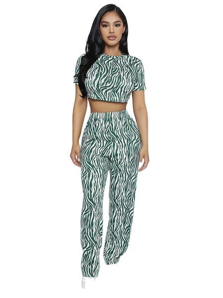 

zebra striped crop tee & pants lounge set p4ph#, Black;red