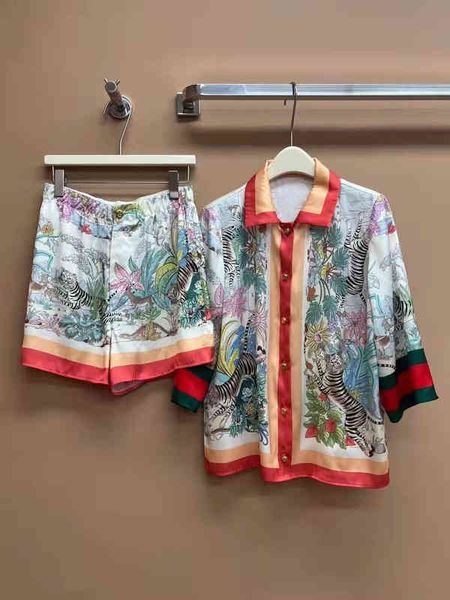 

women's knits & tees 2022 spring and summer fashion sweet contrast color printing lapel short sleeve shirt wide leg shorts suit women i, White