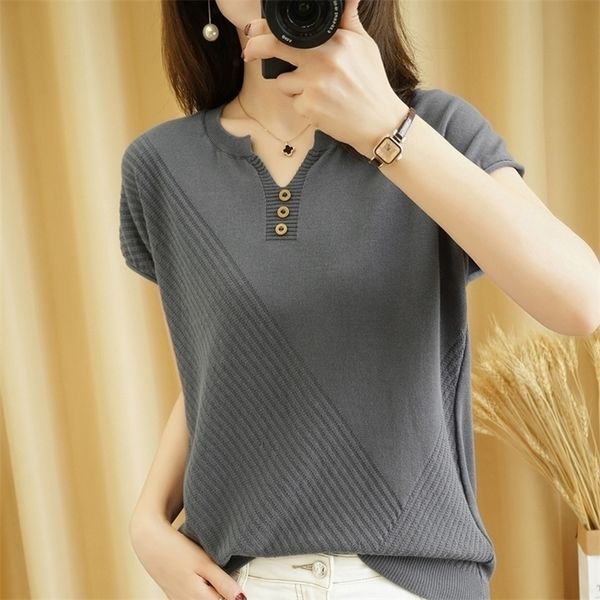 

pure cotton t-shirt women summer v-neck pullover solid color knitwear plus size casual sweater short-sleeved tees 220402, White